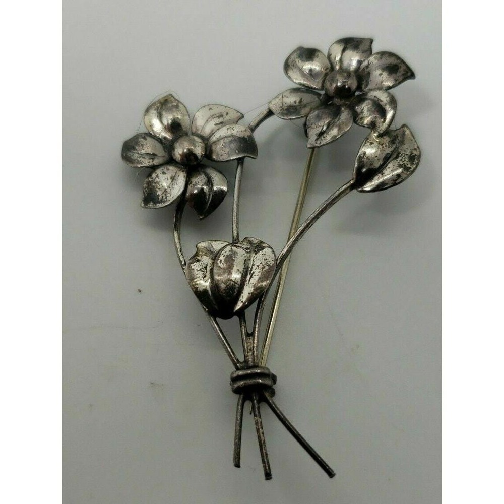 Vintage signed Lang Sterling Flowers Daisies bunch‎ brooch pin